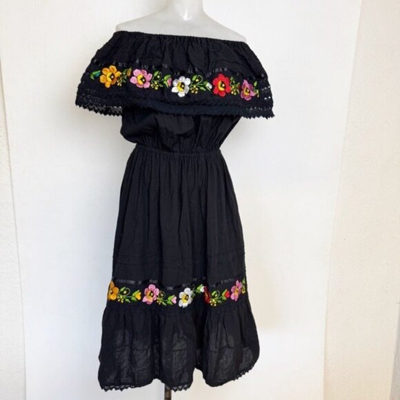 MEXICANA Dresses & Skirts - Mexican hand embroidered artesian black floral dress Off Shoulder Cotton Medium